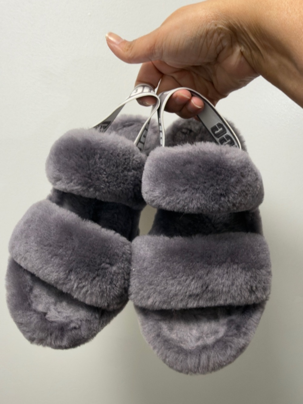 UGG Women's Plush Double-Band Sheepskin Slide Sandals in Grey